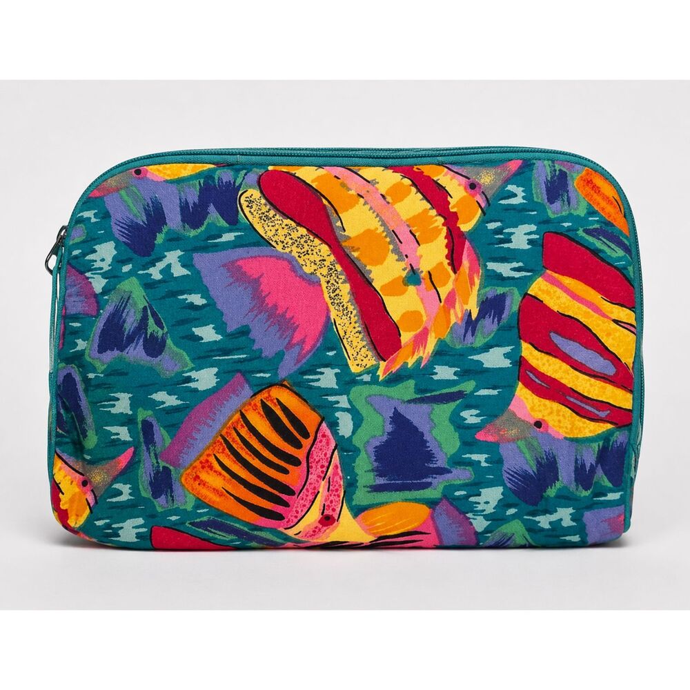 Vintage Ted Lapidus Paris Tropical Fish Print Makeup Cosmetic Bag Teal Pink
